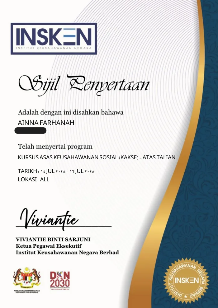 Sijil Penyertaan INSKEN Institut Keusahawanan Negara