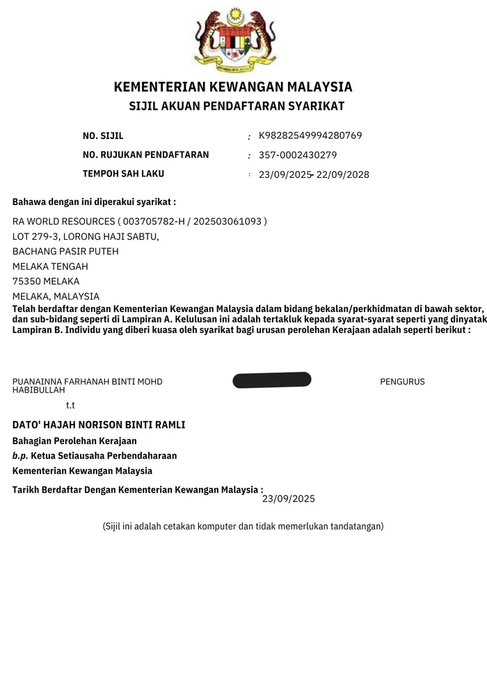 Sijil Pendaftaran Kementerian Kewangan Malaysia Lubok Sarapan