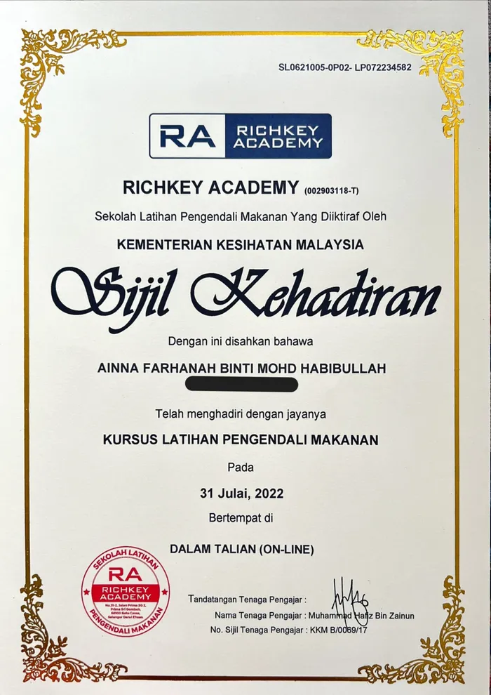 Sijil Kehadiran Kursus Pengendali Makanan