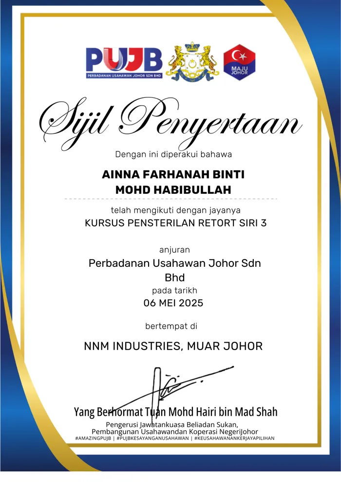 Sijil Penyertaan Kursus Pensterilan Retort PUJB