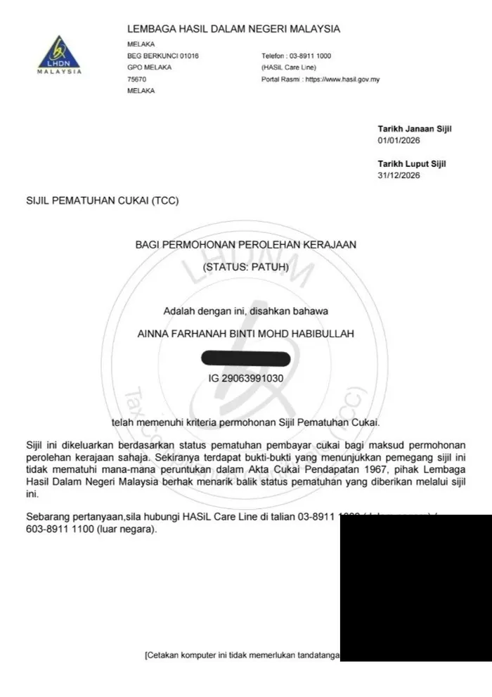 Sijil Pematuhan Cukai LHDN Lubok Sarapan
