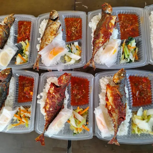 Bungkusan nasi berlaukkan ikan untuk katering Lubok Sarapan